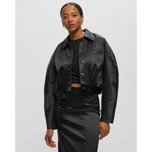 Ganni Black Double Satin Short Cropped Bomber Jacket XS